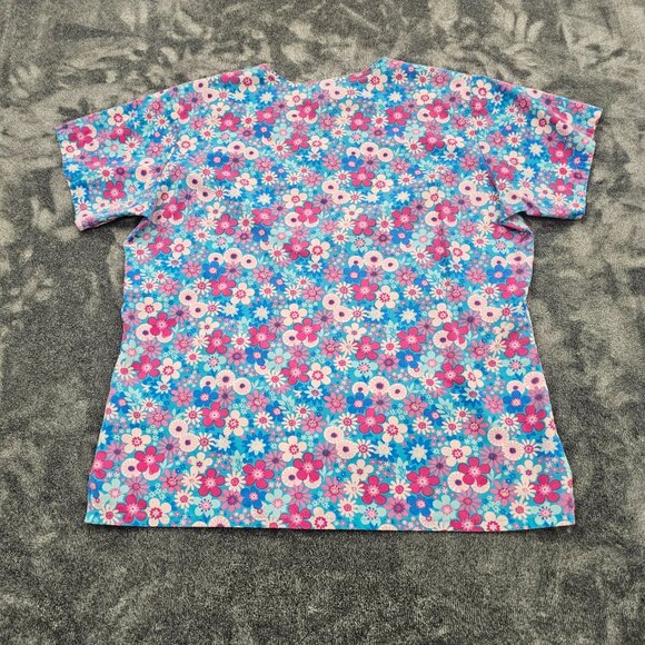 Ready 2 Wear Medical Scrub top womens large blue pink floral print nurse SS - Picture 8 of 15